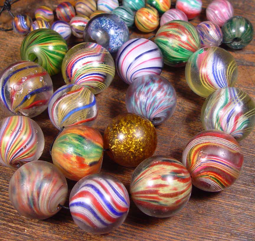 Four Rare Antique German Drawn Glass Marble Beads Internal Stripes African  Trade